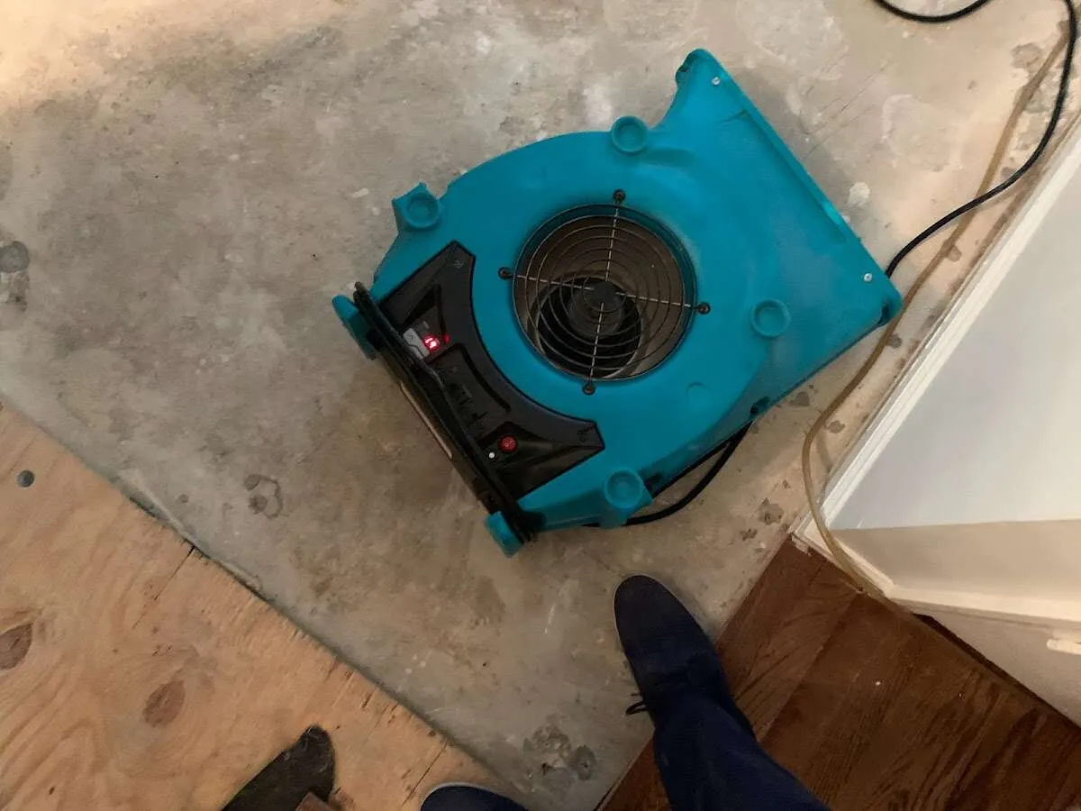 Air mover drying subfloor during Commercial Water Damage Restoration in Savannah